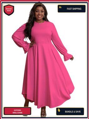 Plus Size A-Line Maxi Dress with Bishop Sleeves & Pockets
